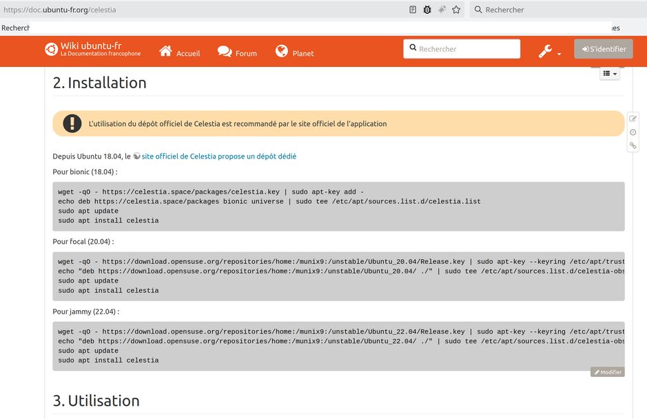 Copie écran site doc Ubuntu Celestia